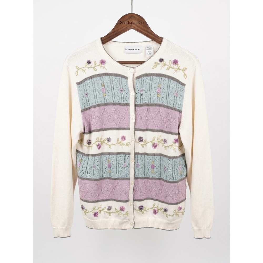 Alfred Dunner Cardigan Women M 90s White Ramie Cotton Floral Embroidered Vintage